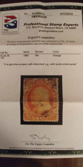 #38 4-15 PSE certificate stating disturbed o.g. with sulphurized spots. Mint F/VF H US Stamp
