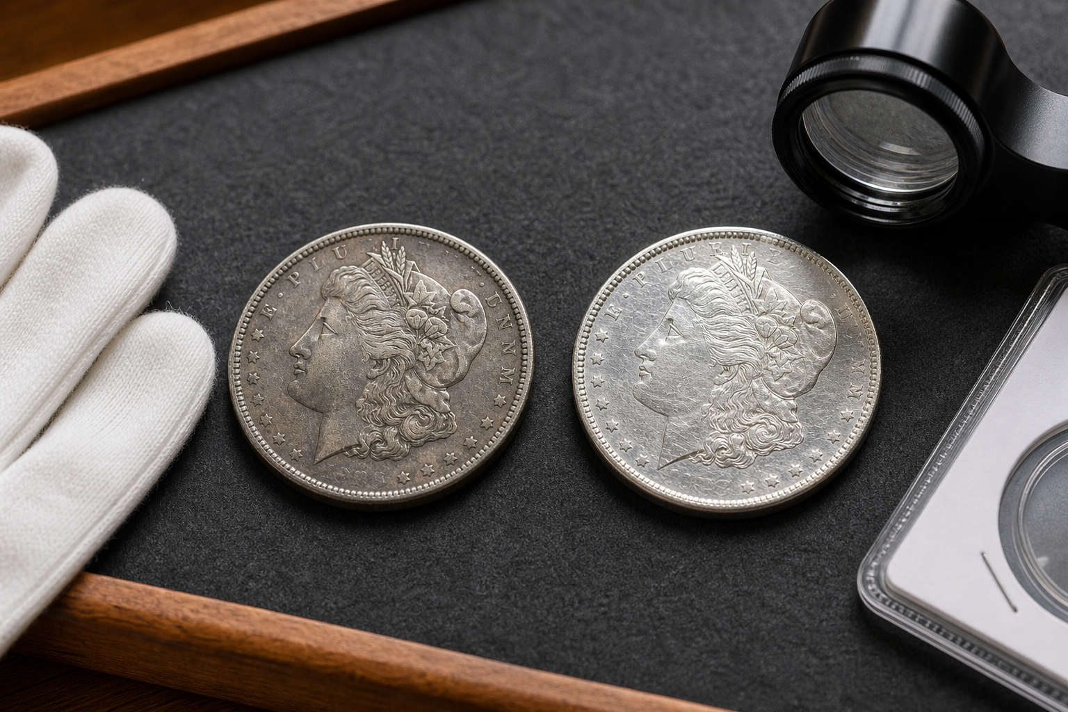 Side-by-side comparison of collectible coins showing natural toning and overly bright cleaned-looking surfaces.