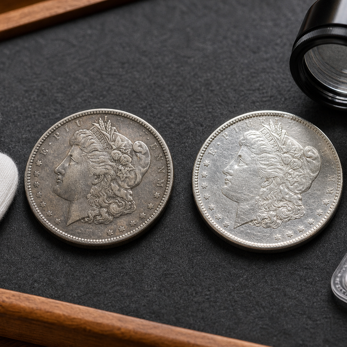 Side-by-side comparison of collectible coins showing natural toning and overly bright cleaned-looking surfaces.