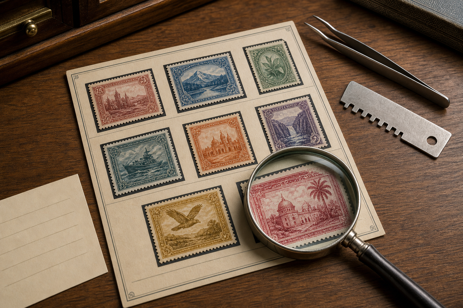 Stamp collecting tools and several stamps arranged for identification with tongs, magnifier, and album page.