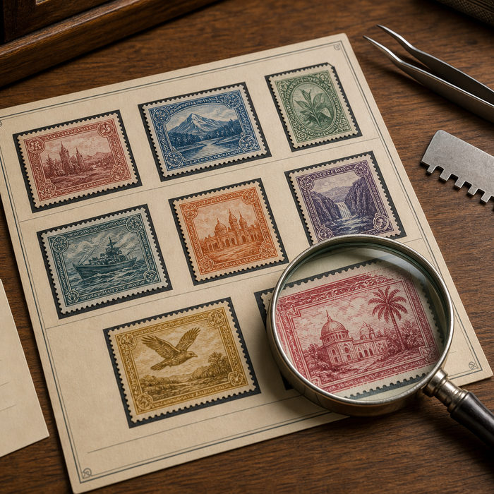 Stamp collecting tools and several stamps arranged for identification with tongs, magnifier, and album page.
