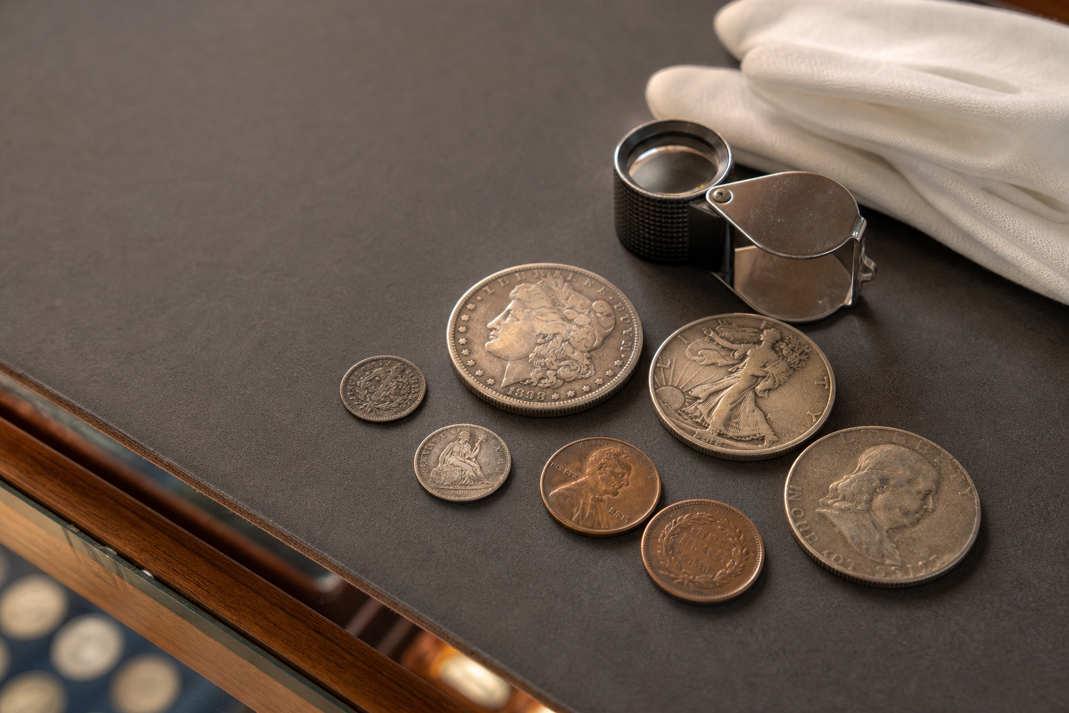 Close-up of collectible coins on a coin shop counter with a jeweler's loupe and cotton glove.