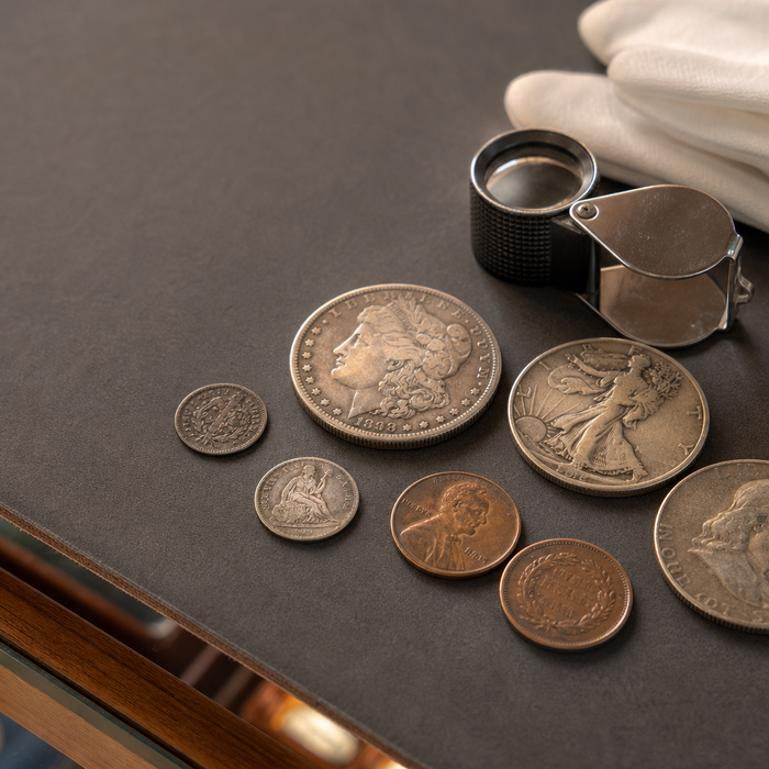 Close-up of collectible coins on a coin shop counter with a jeweler's loupe and cotton glove.