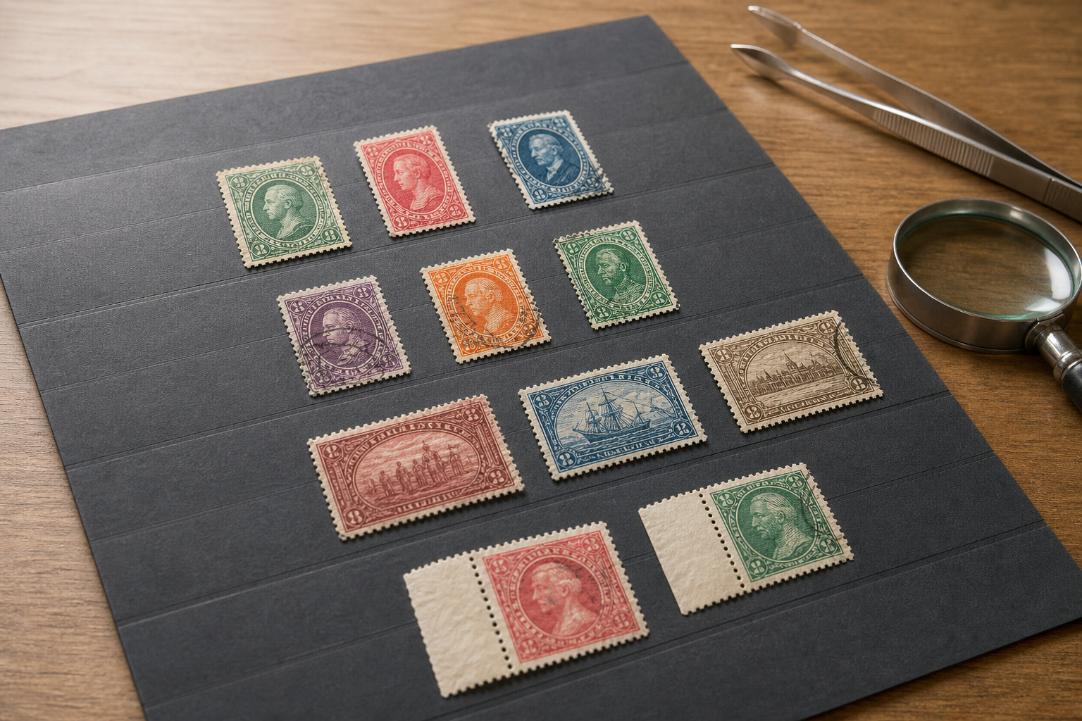 Close-up of collectible stamps on a stock card with stamp tongs and a magnifying glass.