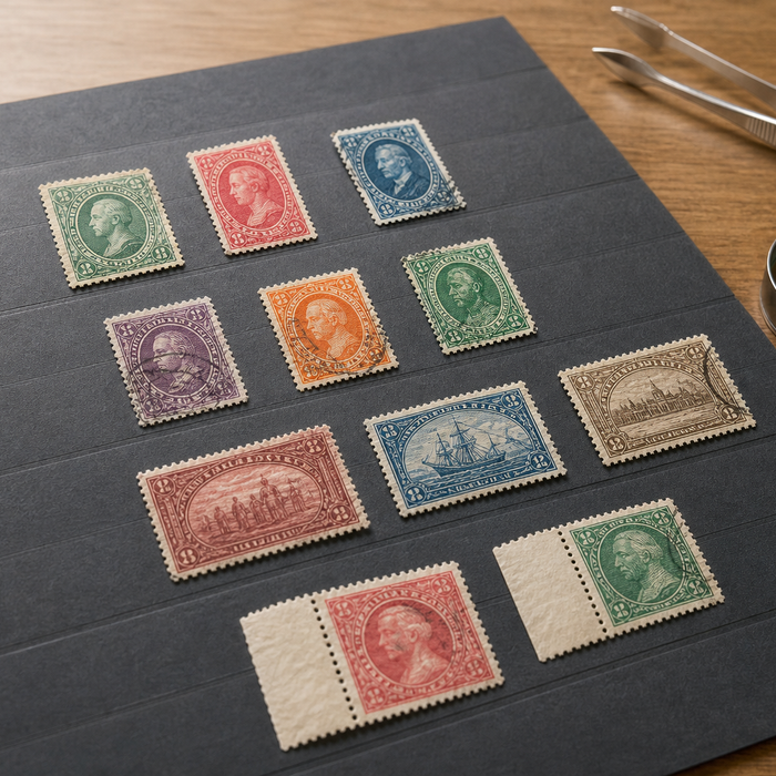 Close-up of collectible stamps on a stock card with stamp tongs and a magnifying glass.