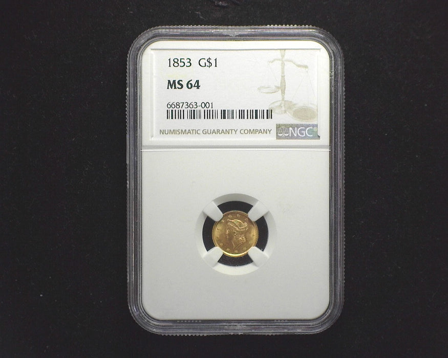 1853 Liberty Head Gold $1 MS 64 NGC - US Coin