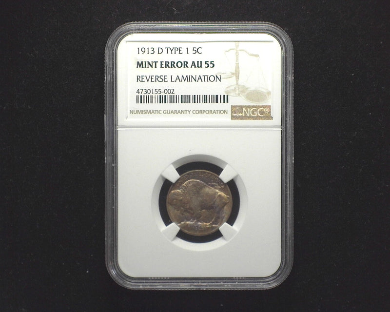 1913 D Type 1 Buffalo Nickel Mint error AU 55 Reverse lamination NGC - US Coin