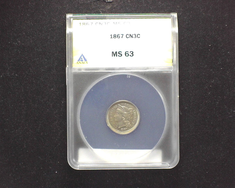1867 Three Cent Nickel MS 63 ANACS - US Coin