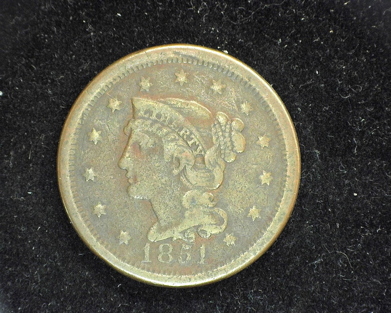1851 Large Cent Braided Hair Cent F - US Coin