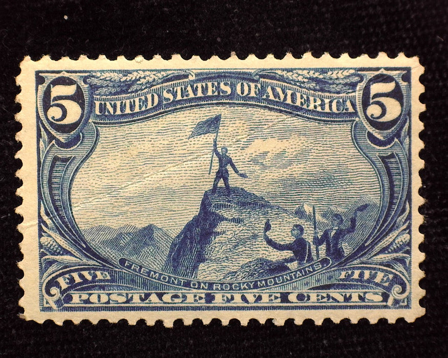 #288 5 cent Trans Mississippi. Natural diagonal paper fold. Nice appearance. Mint VF LH US Stamp