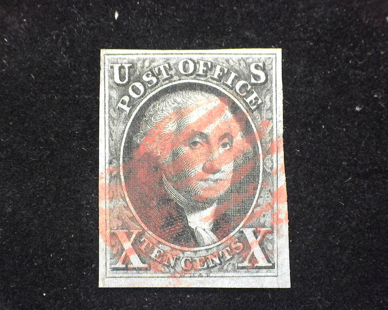 #2 1847 Issue. Ample full 4 margin stamp. Intense color with red grid cancel. A Beauty! VF/XF Used - US Stamp