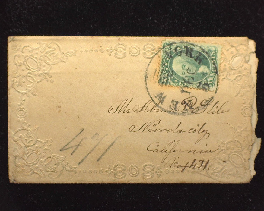 #32 Cover. Stamp on embossed cover torn open at end. "Nevada City CA". F Used - US Stamp