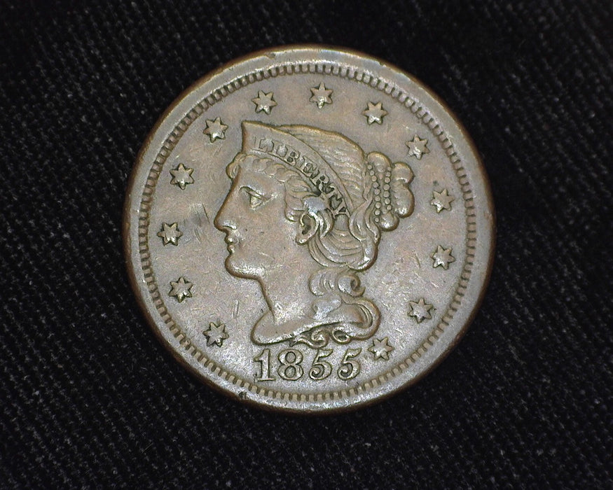 1855 Large Cent Braided Hair Knob ear. XF - US Coin