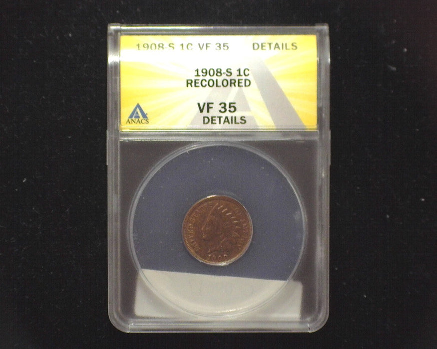 1908 S Indian Head Penny/Cent Recolored ANACS VF35 - US Coin