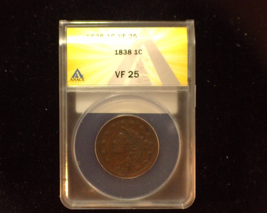 1838 Large Cent Coronet ANACS VF 25 - US Coin