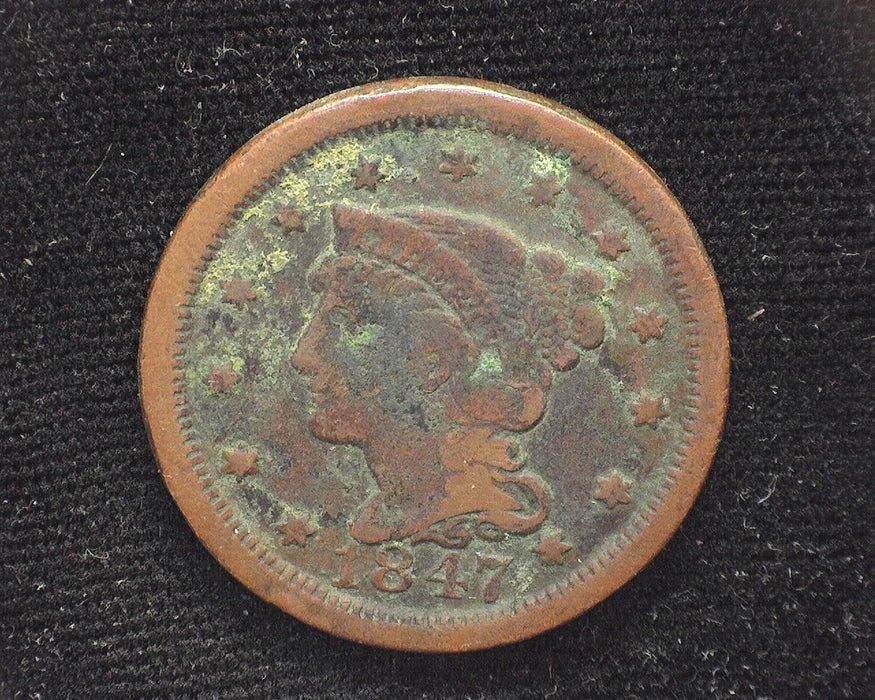 1847 Large Cent Braided Hair Cent F Light corrosion - US Coin