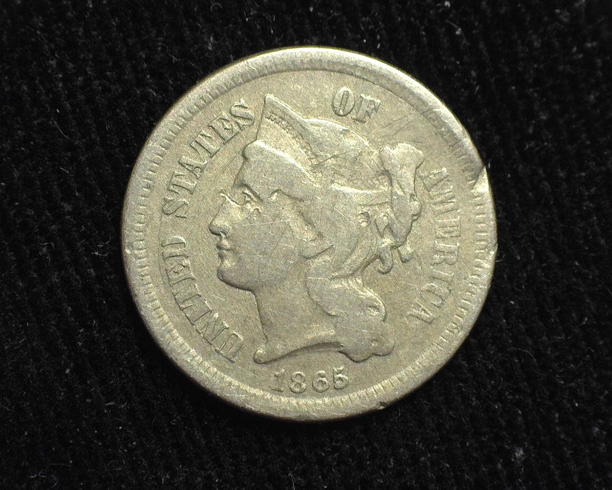 1865 Three Cent Nickel Rim damage. F - US Coin
