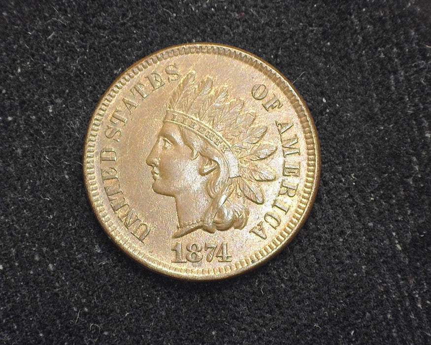 1874 Indian Head Penny/Cent Traces of red. AU-58 - US Coin