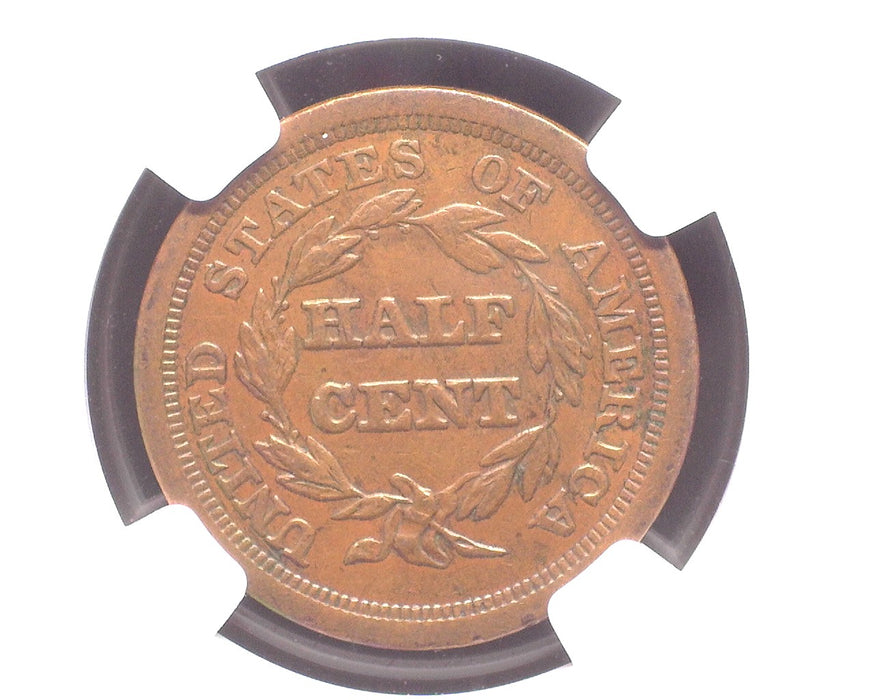 1851 Braided Hair Half Cent Brown AU55 NGC - US Coin
