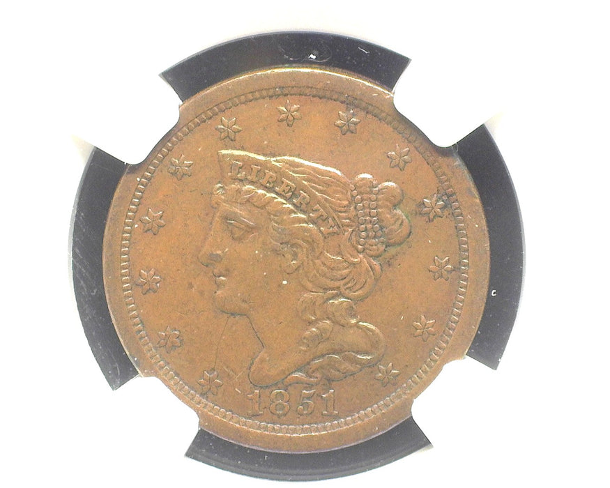 1851 Braided Hair Half Cent Brown AU55 NGC - US Coin