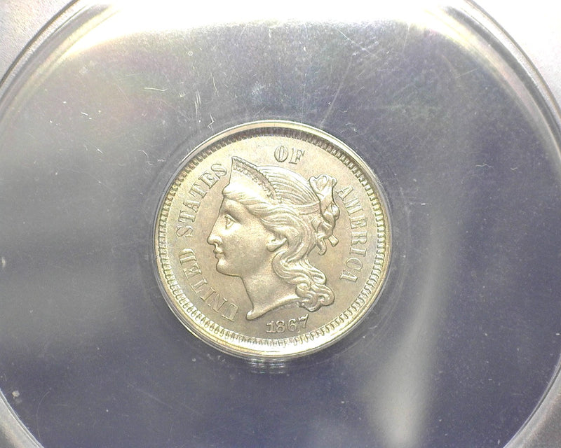 1867 Three Cent Nickel MS 63 ANACS - US Coin