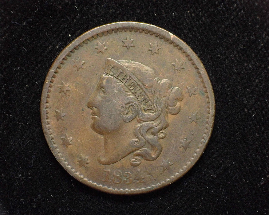1834 Large Cent Draped Bust Medium letters, large 8, small stars. F - US Coin
