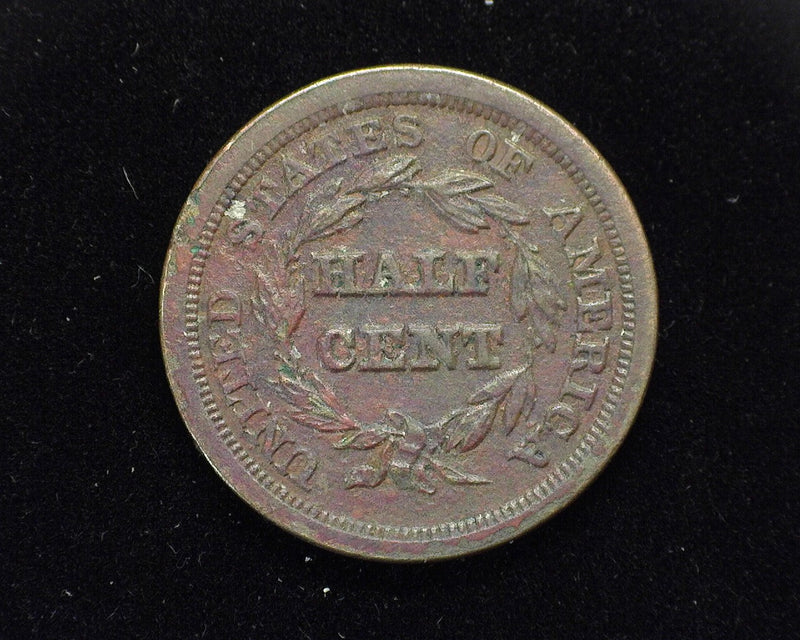 1849 Braided Hair Half Cent XF Large date, 90° die rotation environmental surface damage - US Coin