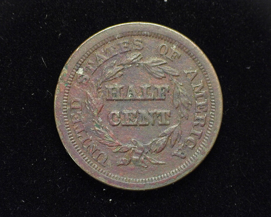 1849 Braided Hair Half Cent XF Large date, 90° die rotation environmental surface damage - US Coin