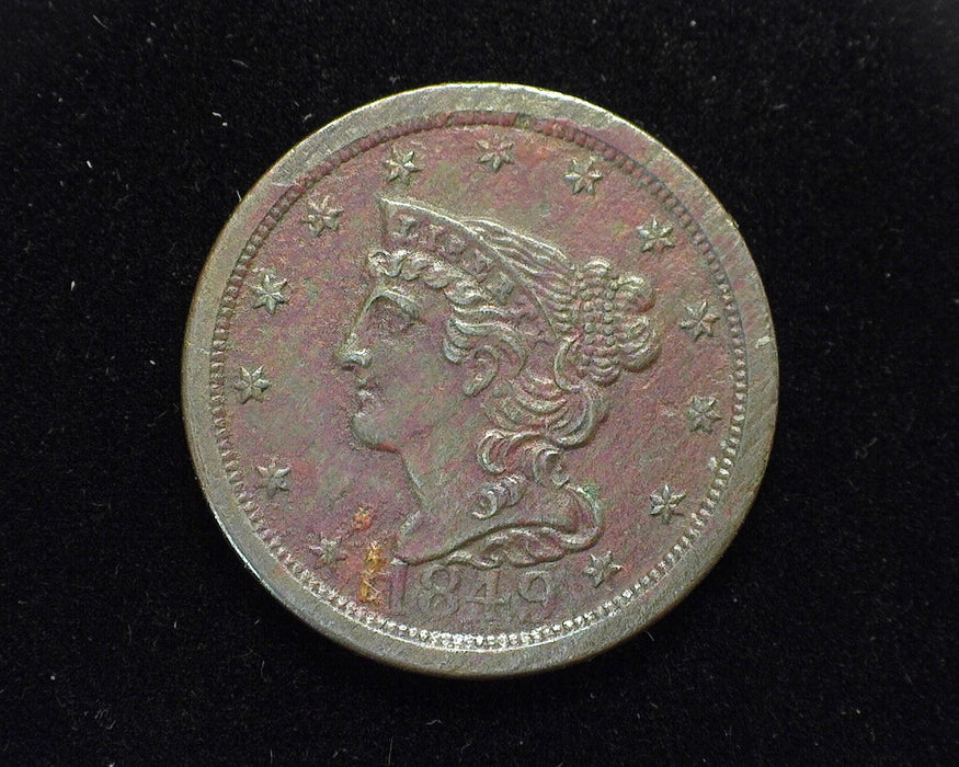 1849 Braided Hair Half Cent XF Large date, 90° die rotation environmental surface damage - US Coin