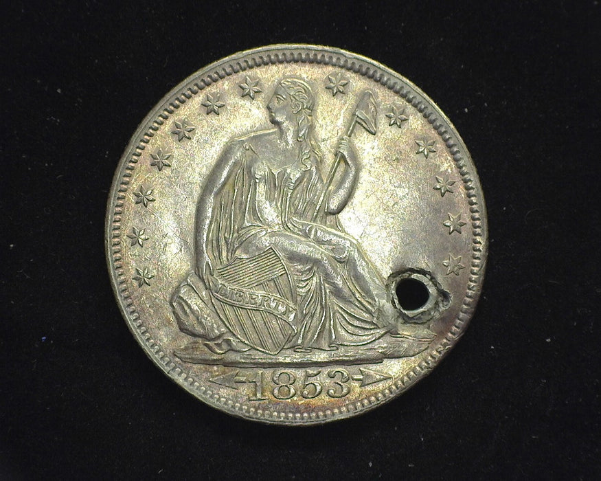 1853 Arrows and Rays Liberty Seated Half Dollar BU Hole, what a shame. - US Coin