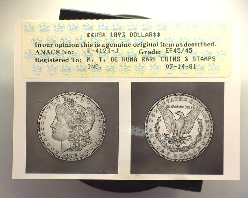 1893 Morgan Dollar Xf-45 Photo ANACS Cert E-4123J - US Coin
