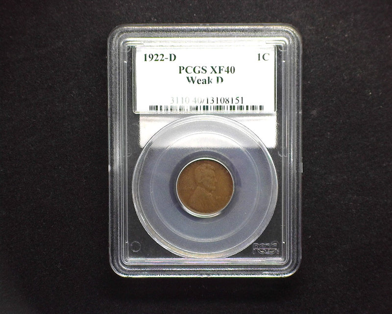 1922 D Lincoln Wheat Cent PCGS XF40 Weak D. Nice, clean no problem coin seldom seen in this grade. - US Coin