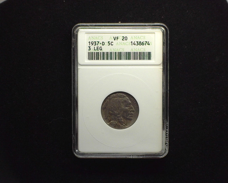 1937 D Buffalo Nickel ANACS VF20 Strong three leg - US Coin