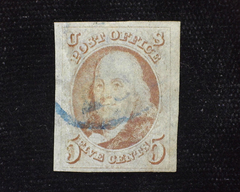 #1 5c Imperforate. "Huge" 4 margin stamp. Pin head thin. Blue Cancel. Vf/Xf Used - US Stamp
