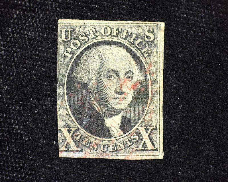 #2 10c Imperforate 3 margin stamp. Filled thins, faint red cancel. Average centering. Used - US Stamp