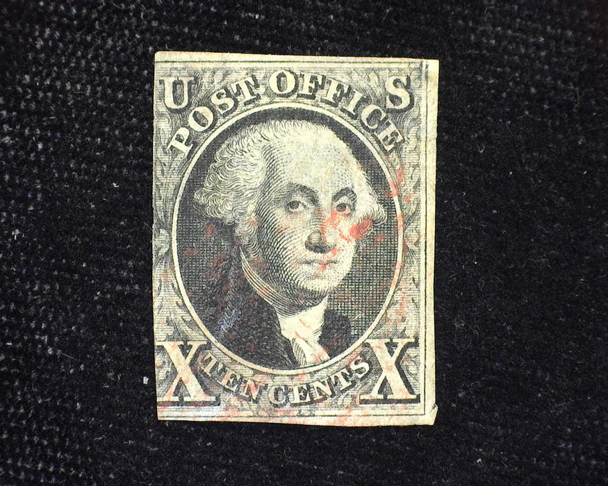 #2 10c Imperforate 3 margin stamp. Filled thins, faint red cancel. Average centering. Used - US Stamp
