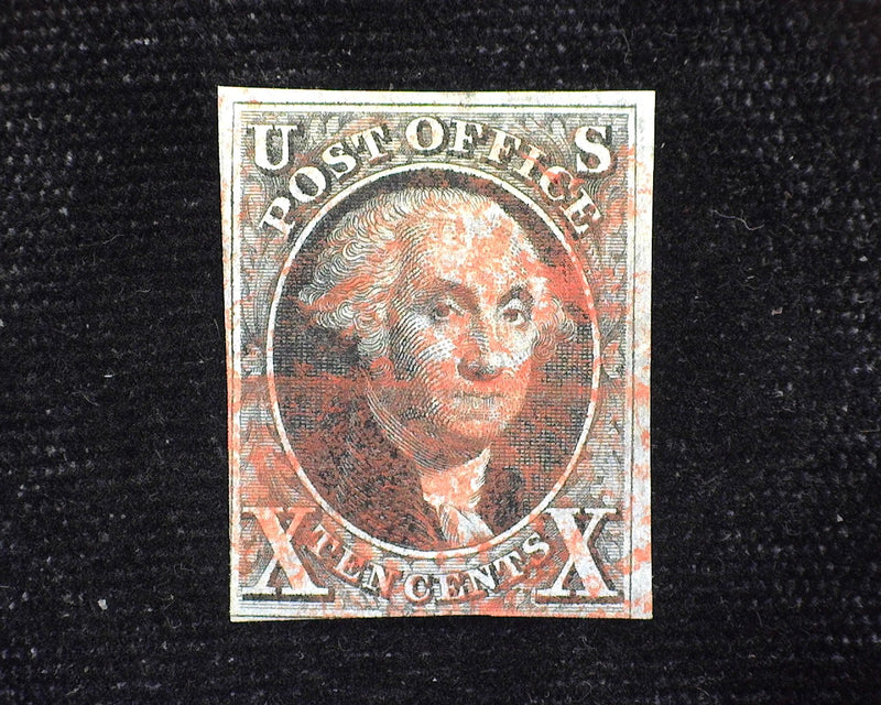 #2 10c Imperforate 3 margin stamp. Pin head thin. Intense color and faint cancel. Great appearing. Fine Used - US Stamp