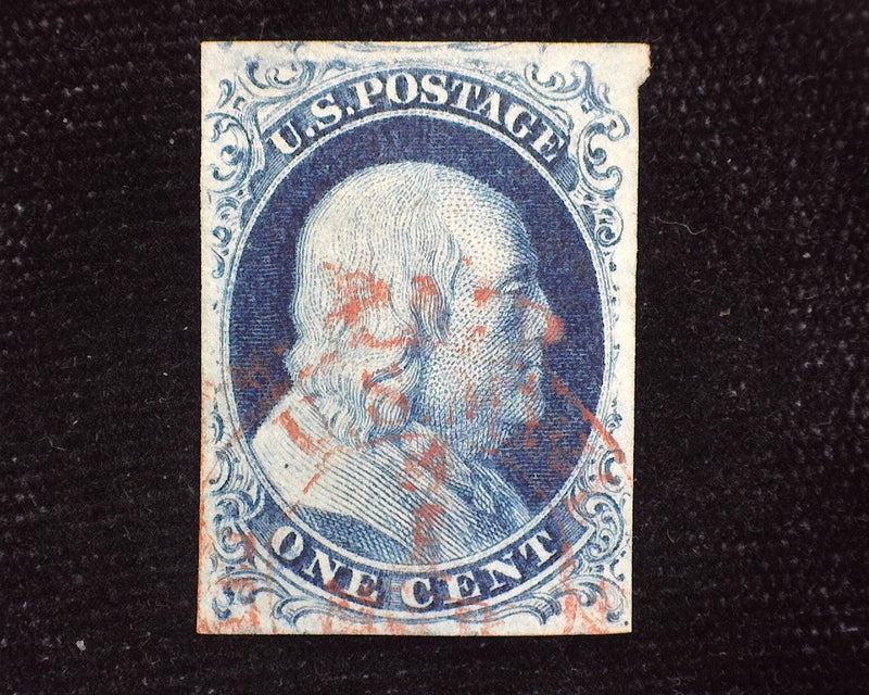 #7 1c Blue Huge 4 margin stamp. Outstanding color and freshness. Faint red town cancel. Xf Used - US Stamp