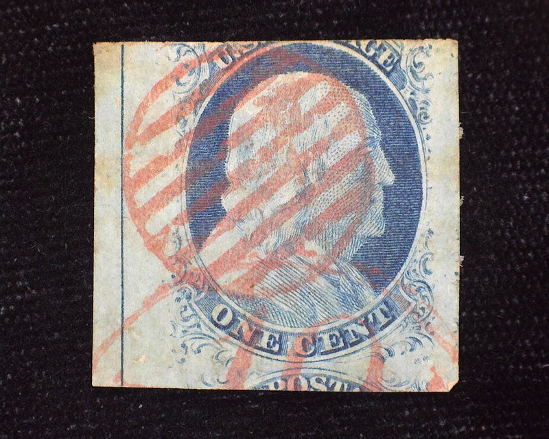 #9 Mild corner crease "Huge" 3 margin stamp with red sun grid. F/Vf Used - US Stamp