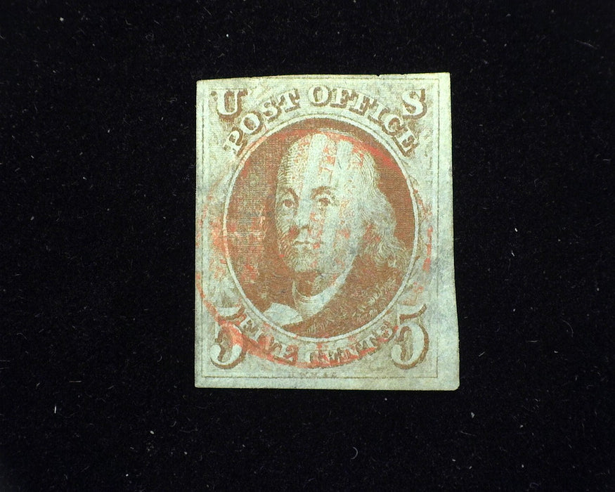 #1. 5 cent Imperforate Used Vf 3 3/4 margin stamp. Very faint red grid cancel. - US Stamp