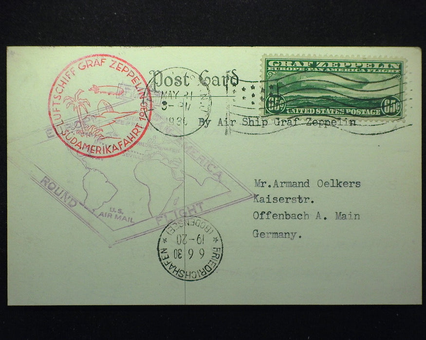 #C13 65c Graf Zeppelin Stamp tied to Postcard Lakehurst to Friedrichshafen. Used XF - US Stamp