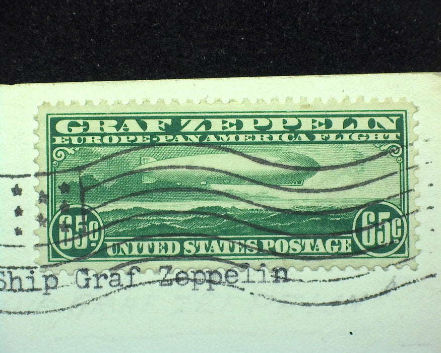 #C13 65c Graf Zeppelin Stamp tied to Postcard Lakehurst to Friedrichshafen. Used XF - US Stamp