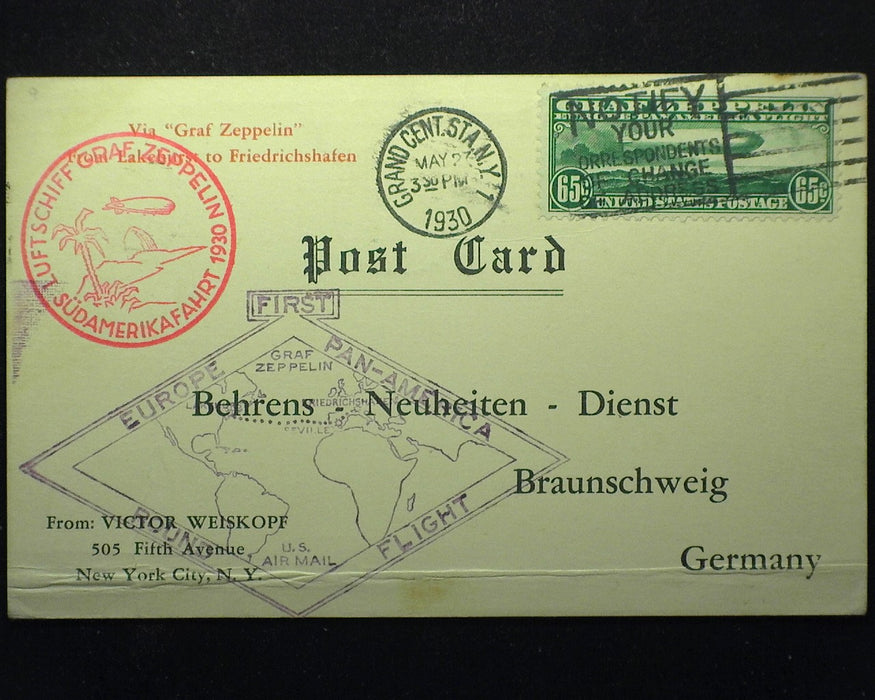 #C13 65c Graf Zeppelin Stamp tied to Postcard Lakehurst to Friedrichshafen. Used Vf - US Stamp