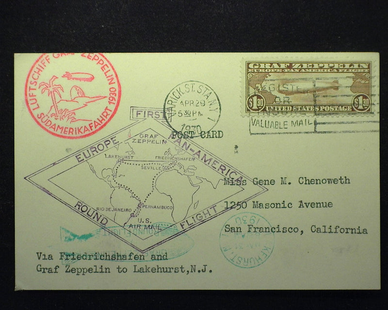 #C14 $1.30 Graf Zeppelin Stamp tied to Postcard Lakehurst to San Francisco. VF Used - US Stamp