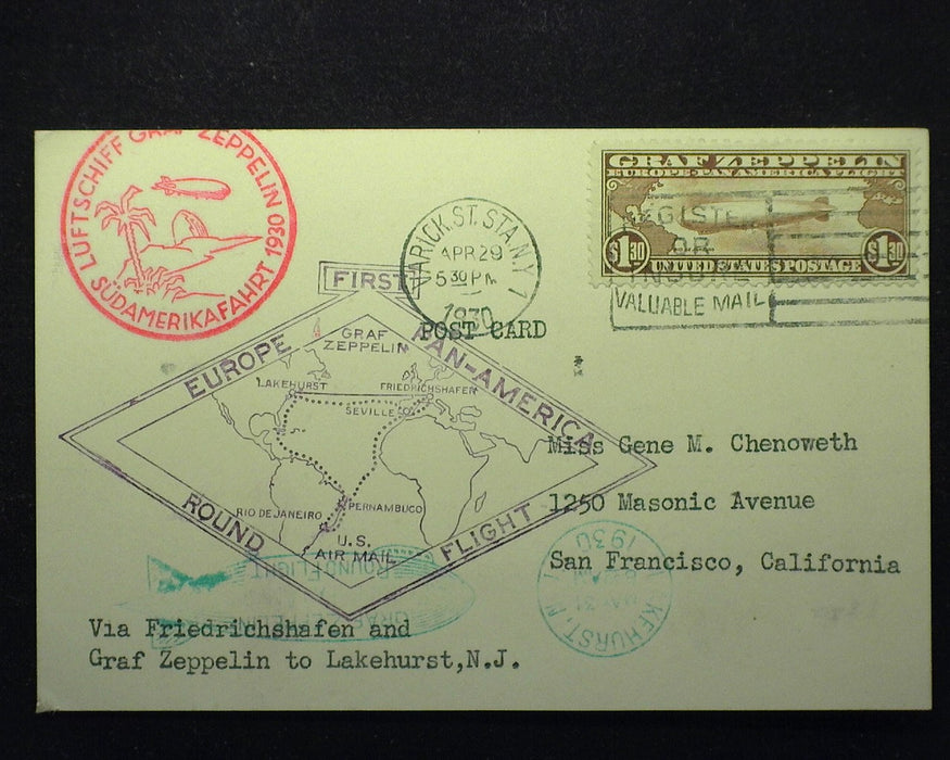 #C14 $1.30 Graf Zeppelin Stamp tied to Postcard Lakehurst to San Francisco. Used Vf - US Stamp