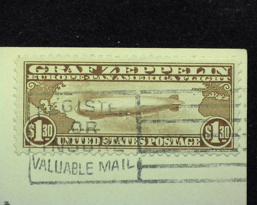 #C14 $1.30 Graf Zeppelin Stamp tied to Postcard Lakehurst to San Francisco. Used Vf - US Stamp