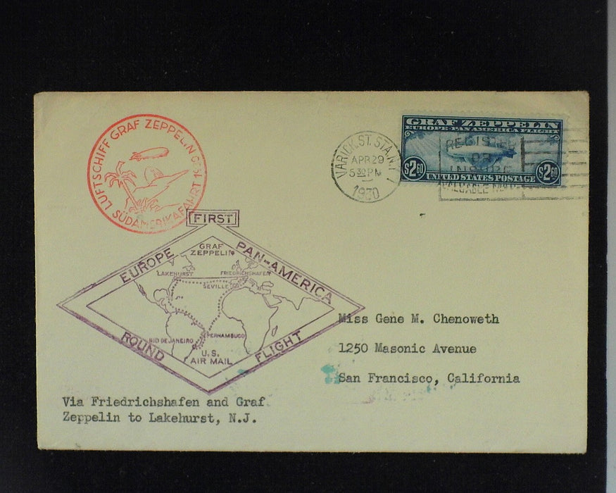 #C15 $2.60 Graf Zeppelin Used Vf Stamp tied to cover Lakehurst to San Francisco. - US Stamp