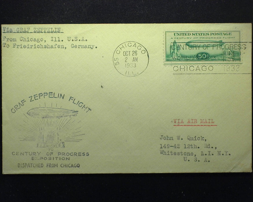 #C18 50c Graf Zeppelin Used F/Vf Stamp tied to cover Chicago to Friedrichshafen - US Stamp