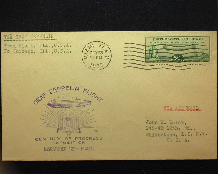 #C18 50c Graf Zeppelin Used F Stamp tied to cover Miami to Chicago. - US Stamp