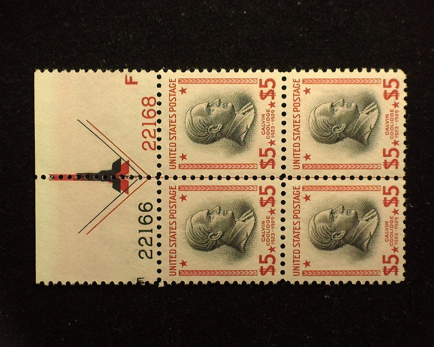 #834 $5 Coolidge PL#22166 & 22168 and arrow. A gem plate block. Mint Sup NH - US Stamp